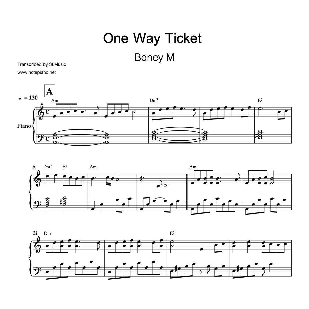 One Way Ticket (Boney M) โน้ตเปียโน